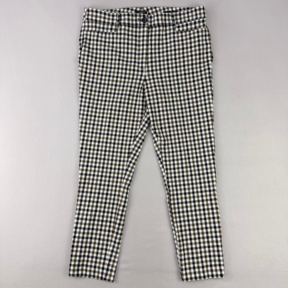 LOFT Slim Pants Womens 12 Brown Gingham Check Stretch Ankle Trousers Office